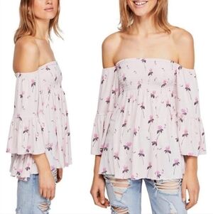 Free People Lana Off The Shoulder Top Pink Floral Boho Bell Sleeve Blouse, XS